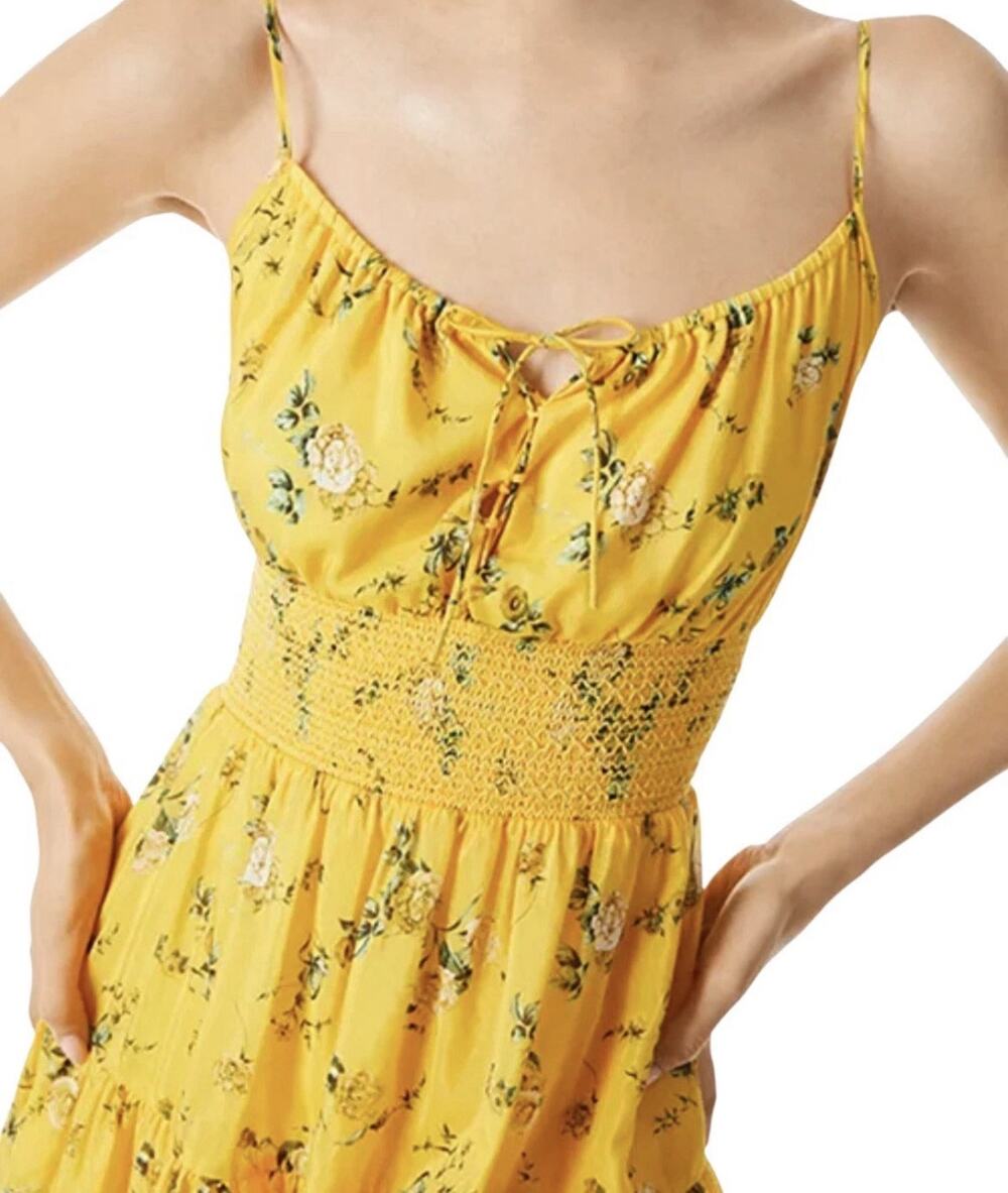 New Alice Olivia Lai Floral Smocked Mini Dress Yellow Silk Blend Sz 0 NWOT